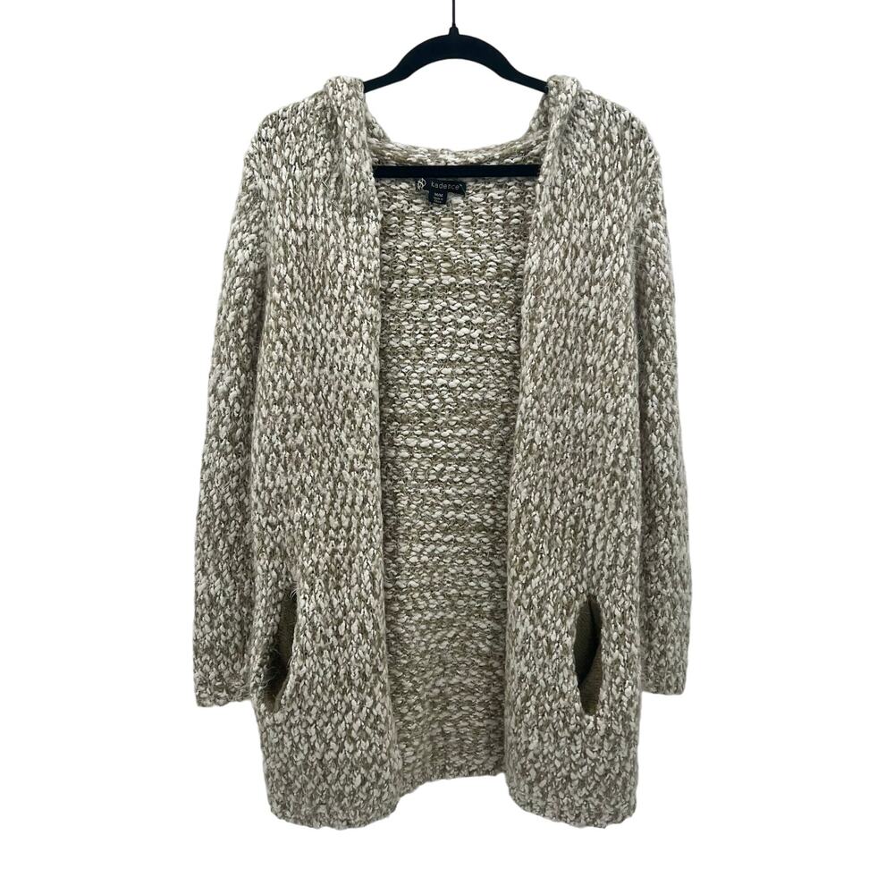 Kadence Chunky Knit Open Cardigan Medium Greige Cream Hooded Pockets Sweater